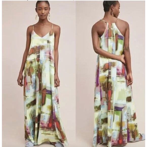 Nicole Miller Watercolor Satin Maxi V-Neck Flowy Slip Dress Size 6 - Picture 1 of 13